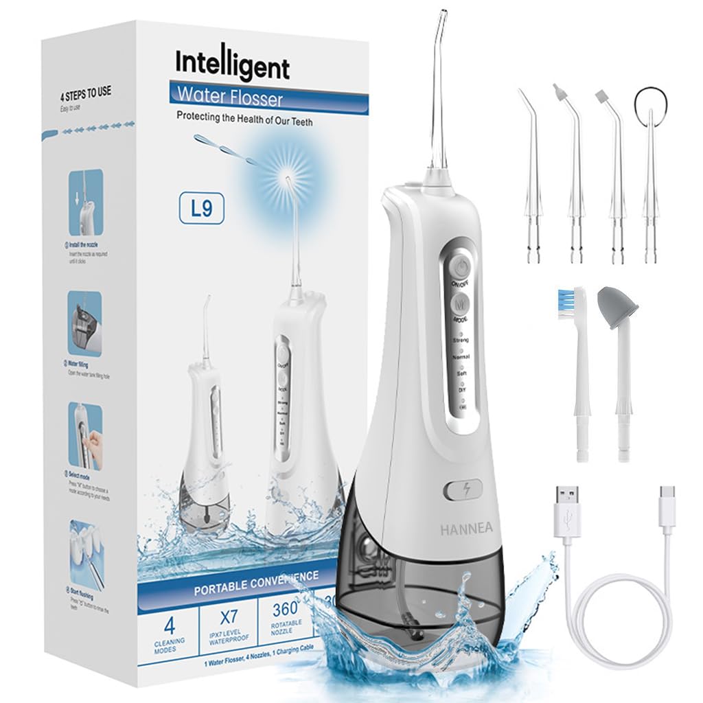 HANNEA Water Dental Flosser 300ml USB Water Dental Flosser with 4 Modes Oral Irrigator, 5 Replaceable Jet Tips, Portable and Rechargeable IPX7 Waterproof Teeth Cleaner for Home and Travel (Black) HANNEA Water Dental Flosser 300ml USB Water Dental Flosser with 4 Modes Oral Irrigator, 5 Replaceable Jet Tips, Portable and Rechargeable IPX7 Waterproof Teeth Cleaner for Home and Travel (Black)